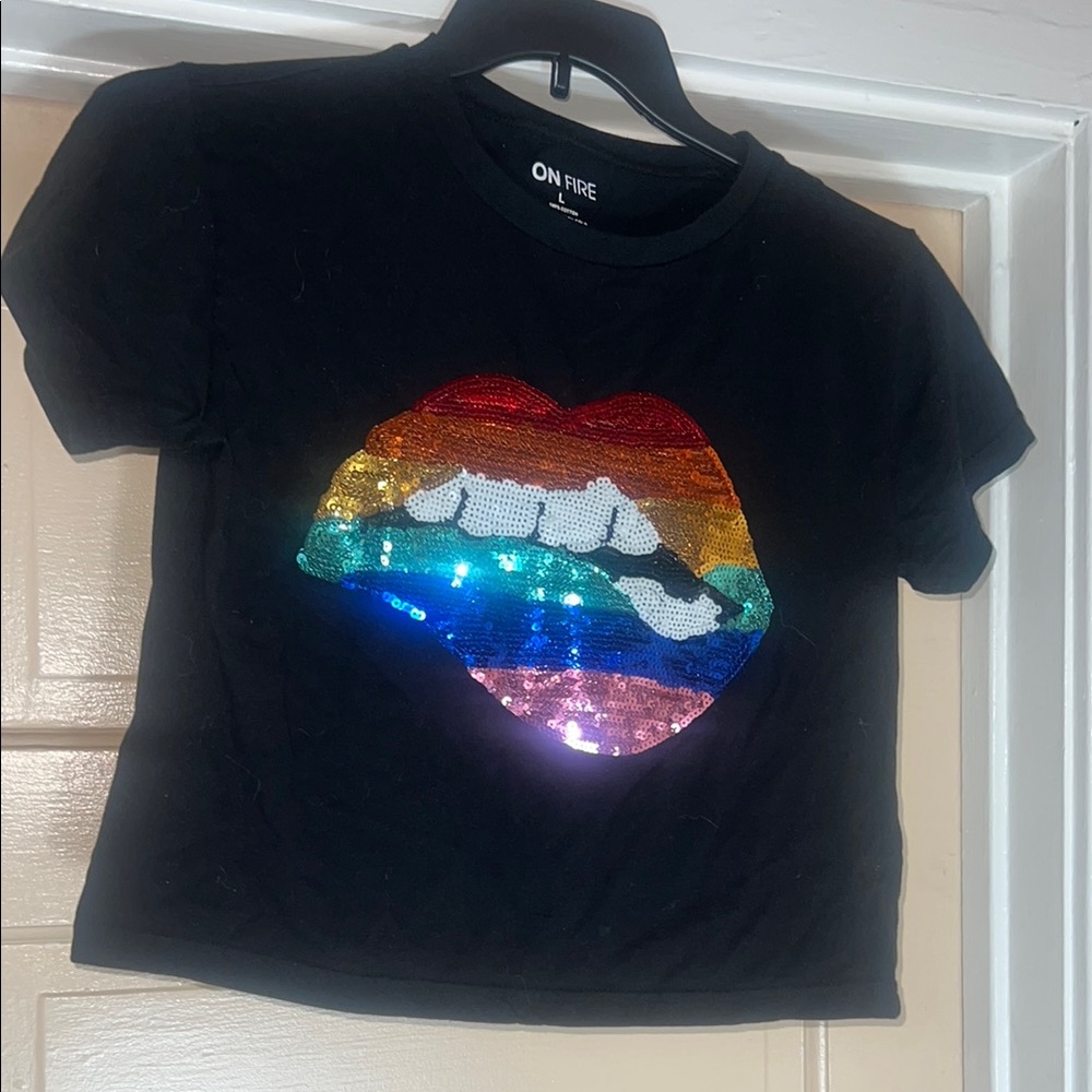 On Fire  Black Sequin Lips T-Shirt